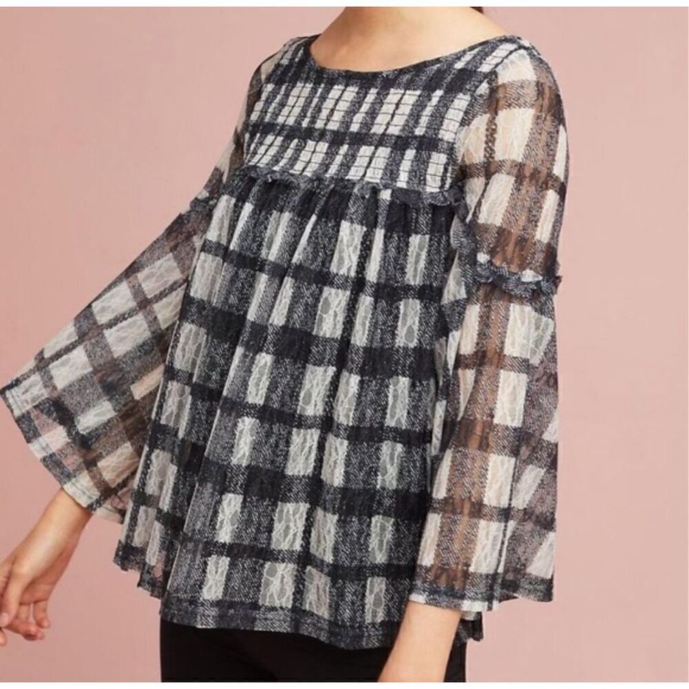 Anthropologie Akemi + Kin Patrizia Lace Plaid Blouse Flare Sleeves Size Medium M